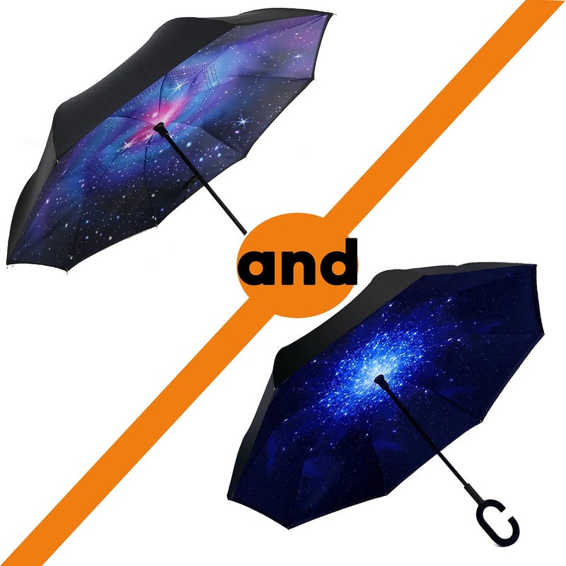 SIEPASA 49/56 Inch Inverted Reverse Upside Down Umbrella, Extra Large Double Canopy Vented Windproof Waterproof Stick Golf Umbrellas with C-shape Handle.(Galaxy & Starry,2 Pack, 49 Inch - Image 2